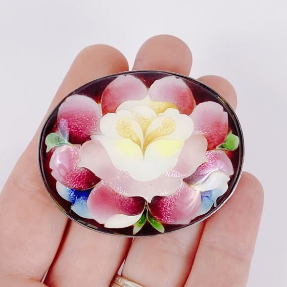 Vintage Mid Century Brooch Reverse Painted Glass Floral Oval Pin 1950s 60s - Picture 2 of 10